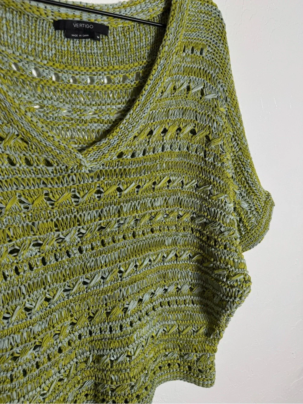Vertigo Paris Open Knit V-Neck Sweater Lime Green Space Dye Crochet Short Sleeve